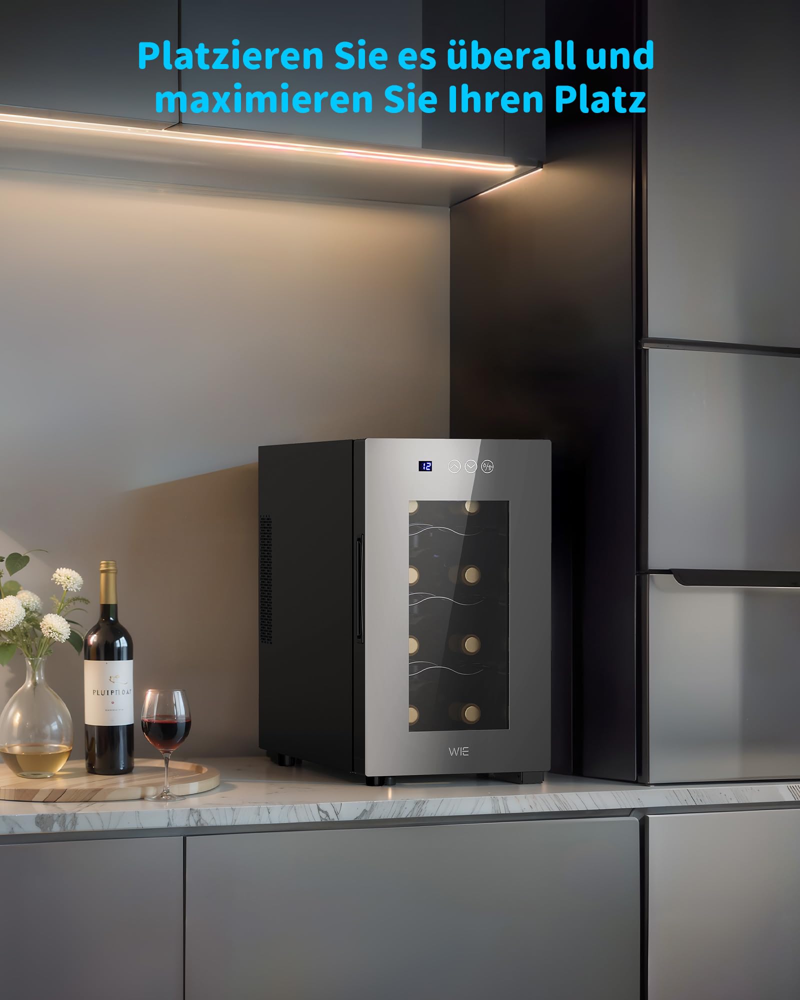 WIE Weinkühlschrank 8 Flasche Getränkekühlschrank 23L Weinschrank Klein 5-18°C Wein-Kühlschrank mit Glastür Vollglas-Designtür LED Touchpanel Anti-UV Mini Wine Fridge