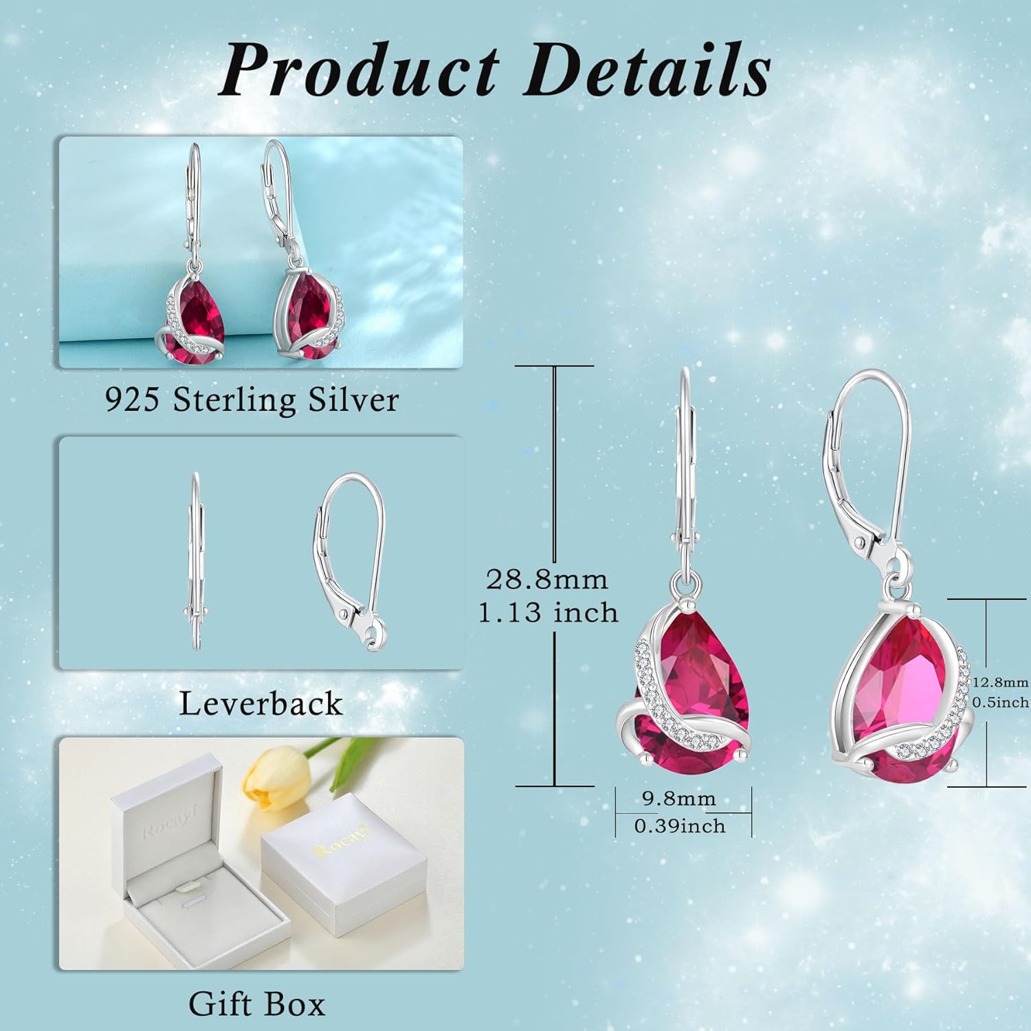 Teardrop Earrings for Women 925 Sterling Silver Dangle Drop Leverback Earrings Birthstone Jewelry Gifts for Wife Mom Girlfriend Her - Image 6