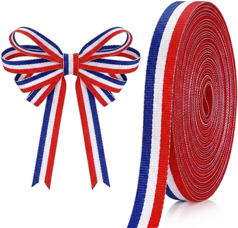 Red White and Blue Ribbon Patriotic Ribbon, 3/8 Inch Wide 20 Yard, American Flag Style Fabric Ribbon for Memorial Day Gift Wrapping, 4th of July Party Decoration, DIY Crafting & Sewing Accessories