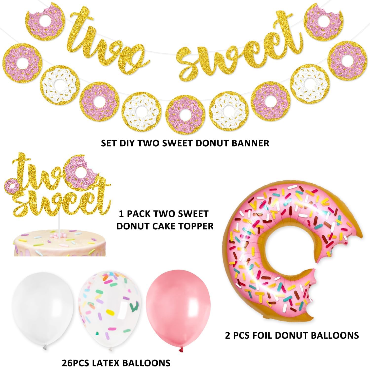 Levfla Two Sweet Donut Party Decoration Baby Second Birthday Glitter Doughnut Banner Cake Topper Sprinkles Balloons Kids Party Favor Ideas Supplies - Image 4