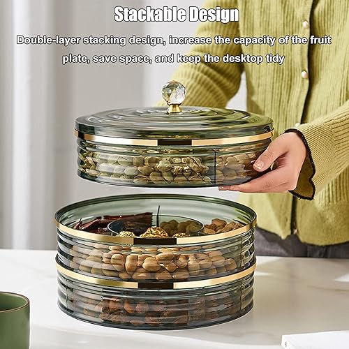 Miniatura 4 de Bandeja de aperitivos, bandeja dividida para servir con tapa, bandejas de frutas para servir para fiesta, bandeja redonda de 4 compartimentos con
