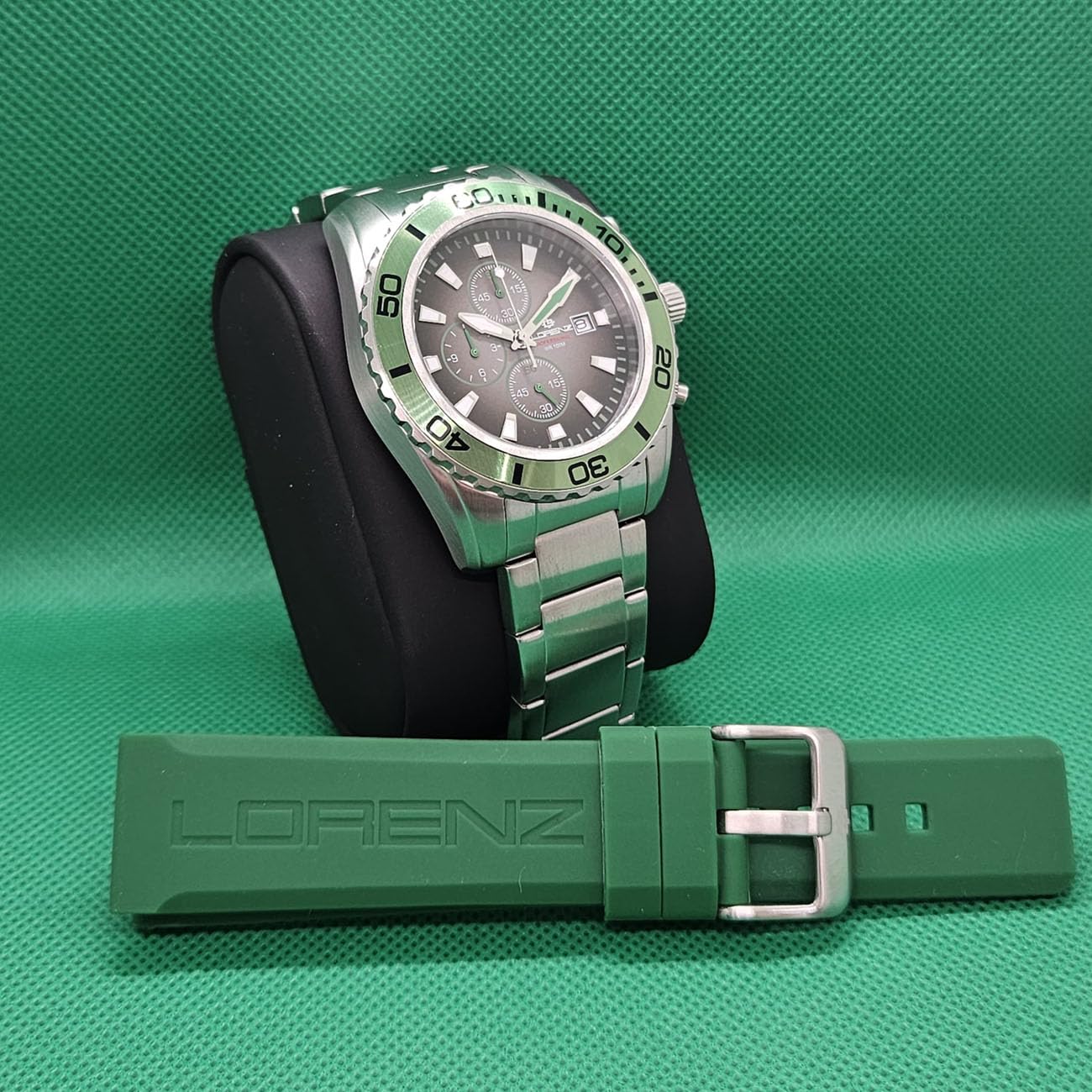 Lorenz - Cronografo Sportivo al quarzo 026117VB - Orologio con cinturino in acciaio - Box set con cinturino in gomma di ricambio - Subacqueo fino a 100 metri