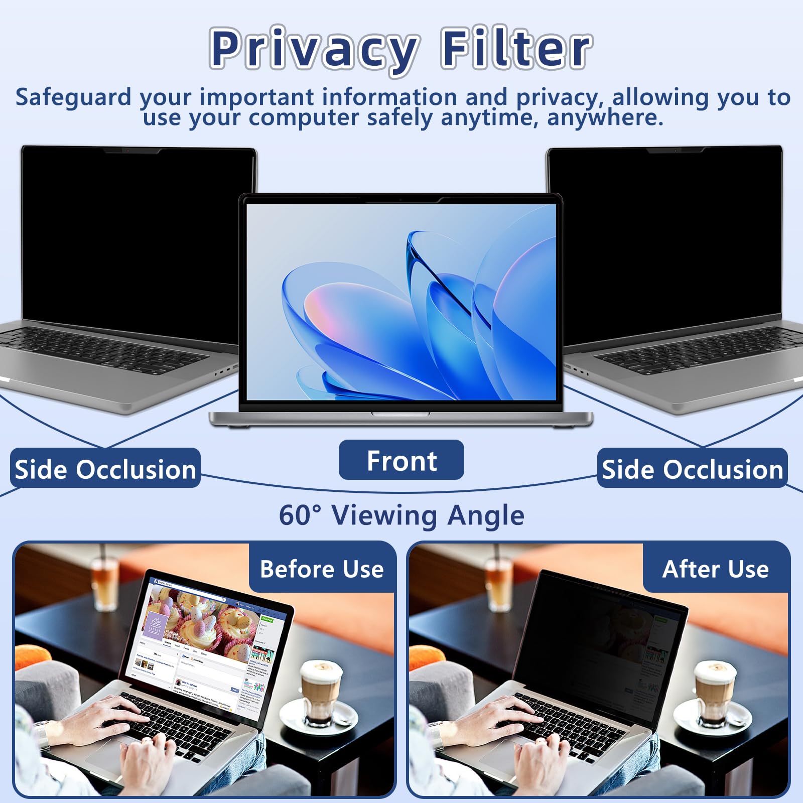 Filtro Privacy 16 Pollici, 16:10, [Magnetico] Anti Luce Blu Pellicola, Rimovibile, Anti-Spia Pellicola Filtro Schermo Privacy per 16" Laptop per Dell/Acer/Lenovo/ThinkPad/Asus/Sony