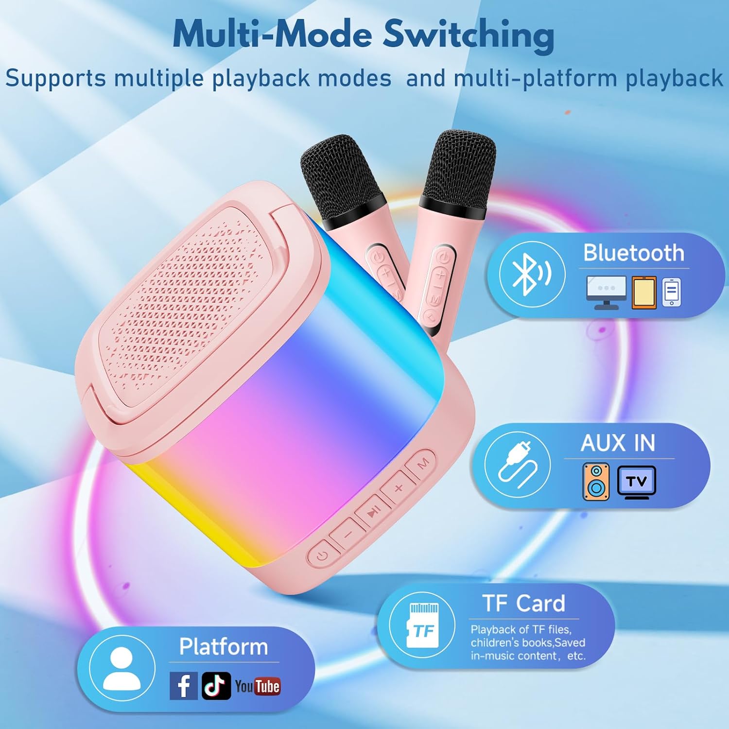 Mini Karaoke Machine for Kids, Portable Bluetooth Karaoke Speaker with 2 Wireless Microphones and Phone Holder, Popular Birthday Gifts for Girls Boys Age 3-14+, Singing Machine for Home Party - Image 5