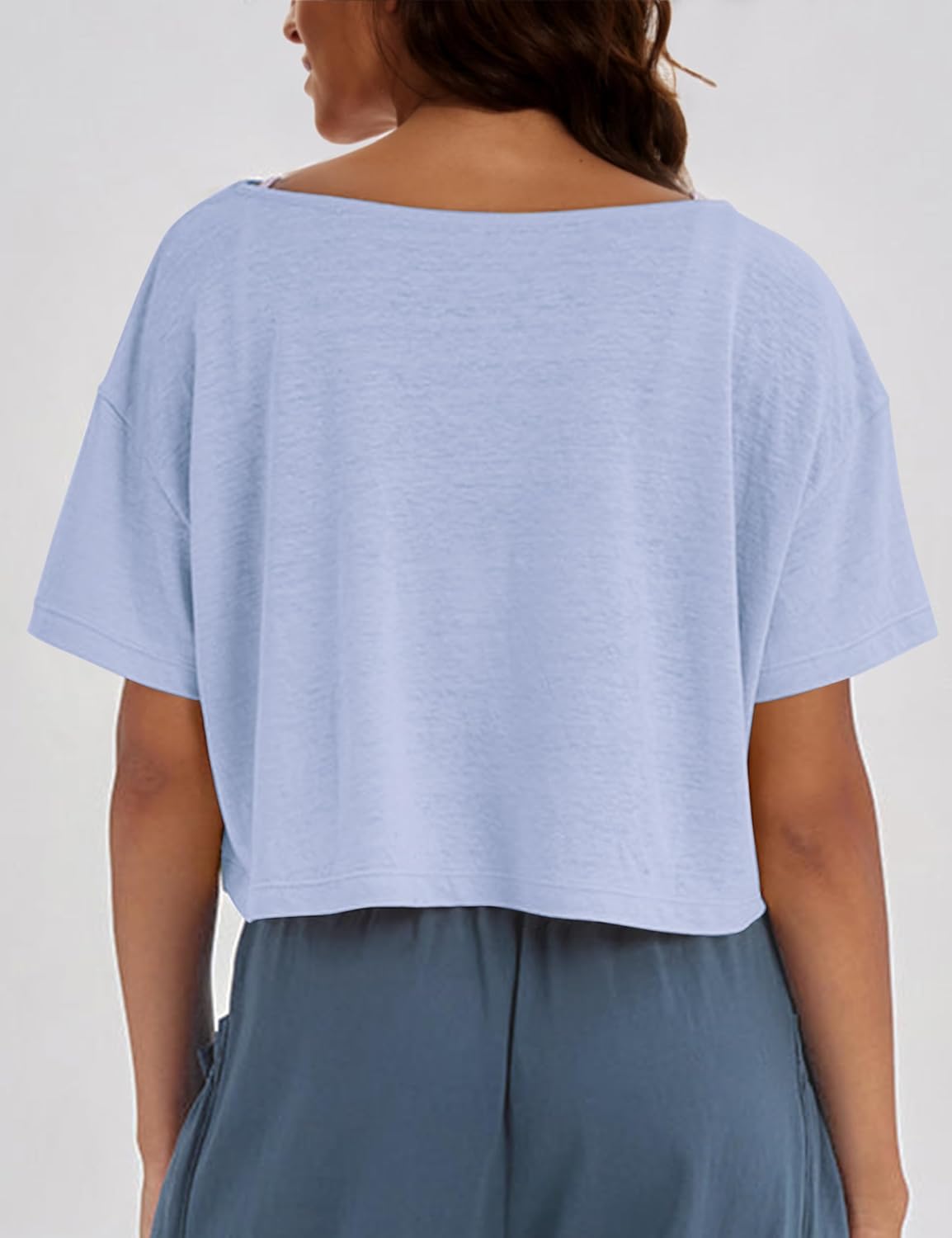 MISSACTIVER Oversized Off The Shoulder Top for Women Short Sleeve Boat Neck Crop Tee Loose Summer Workout Shirt - Image 2