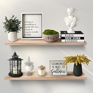 QianYong 36 Inch Solid Wood Floating Shelves Set of 2 | Farmhouse Wall Shelf with Invisible Brackets for Bedroom Kitchen, Light Carbonized Brown