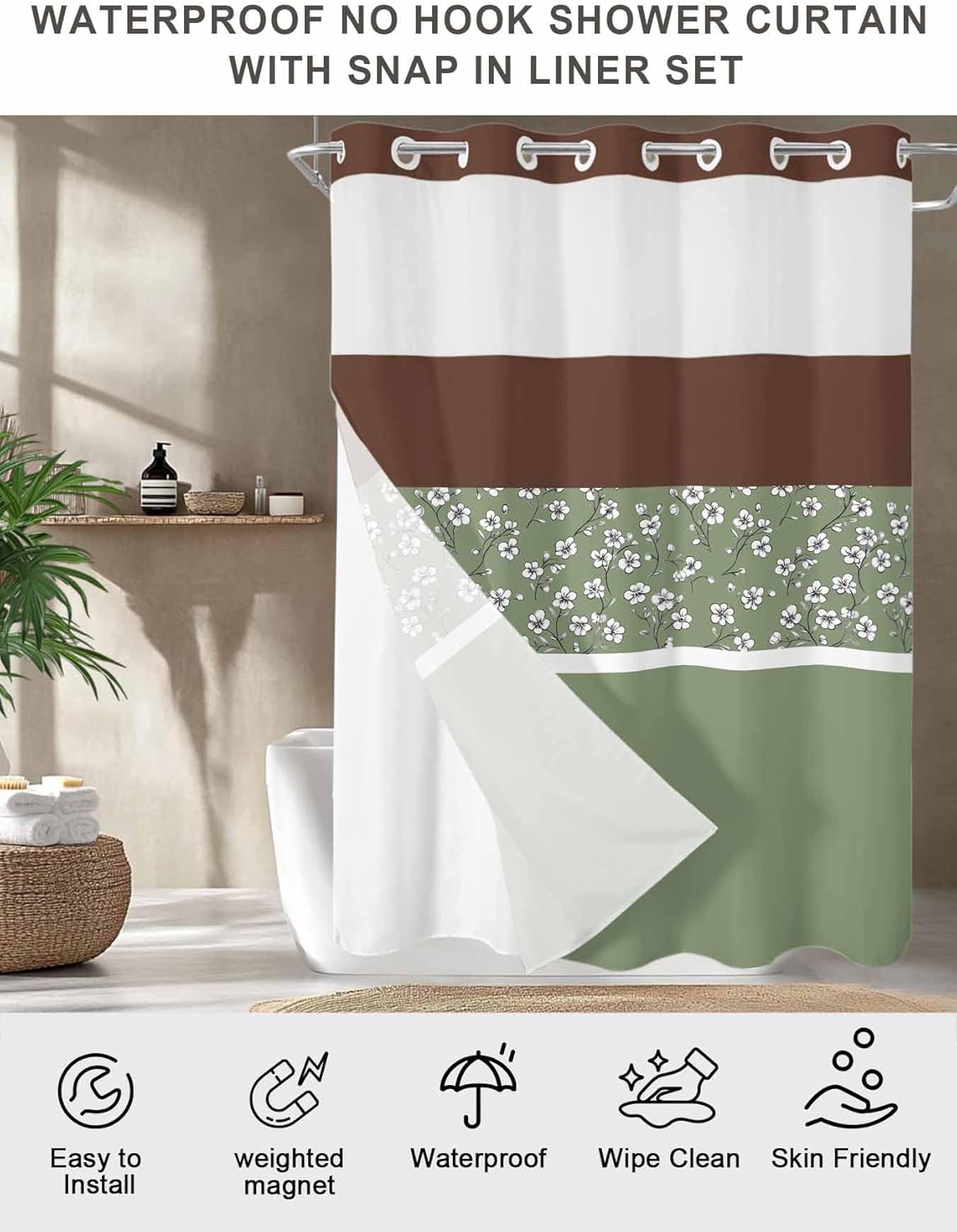 No Hook Shower Curtain, Sage Green Brown Flowers Stall Bathroom Curtains with Snap in Liner, Classic Botanical Art Elegant Waterproof Washable Fabric Shower Curtain Set, 54" x 78"