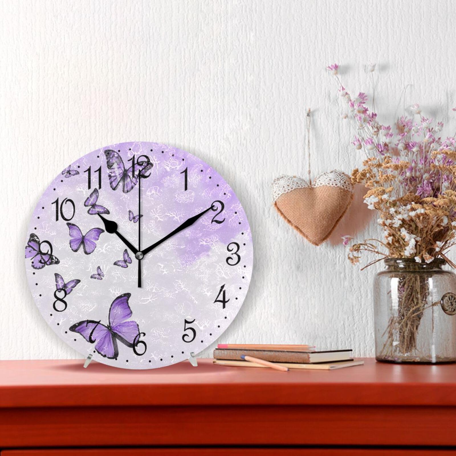 Mnsruu Orologio da parete con farfalle viola, silenzioso, senza ticchettio, orologio da parete decorativo a batteria, 25 x 25 cm, per casa, soggiorno, cucina, bagno, camera da letto