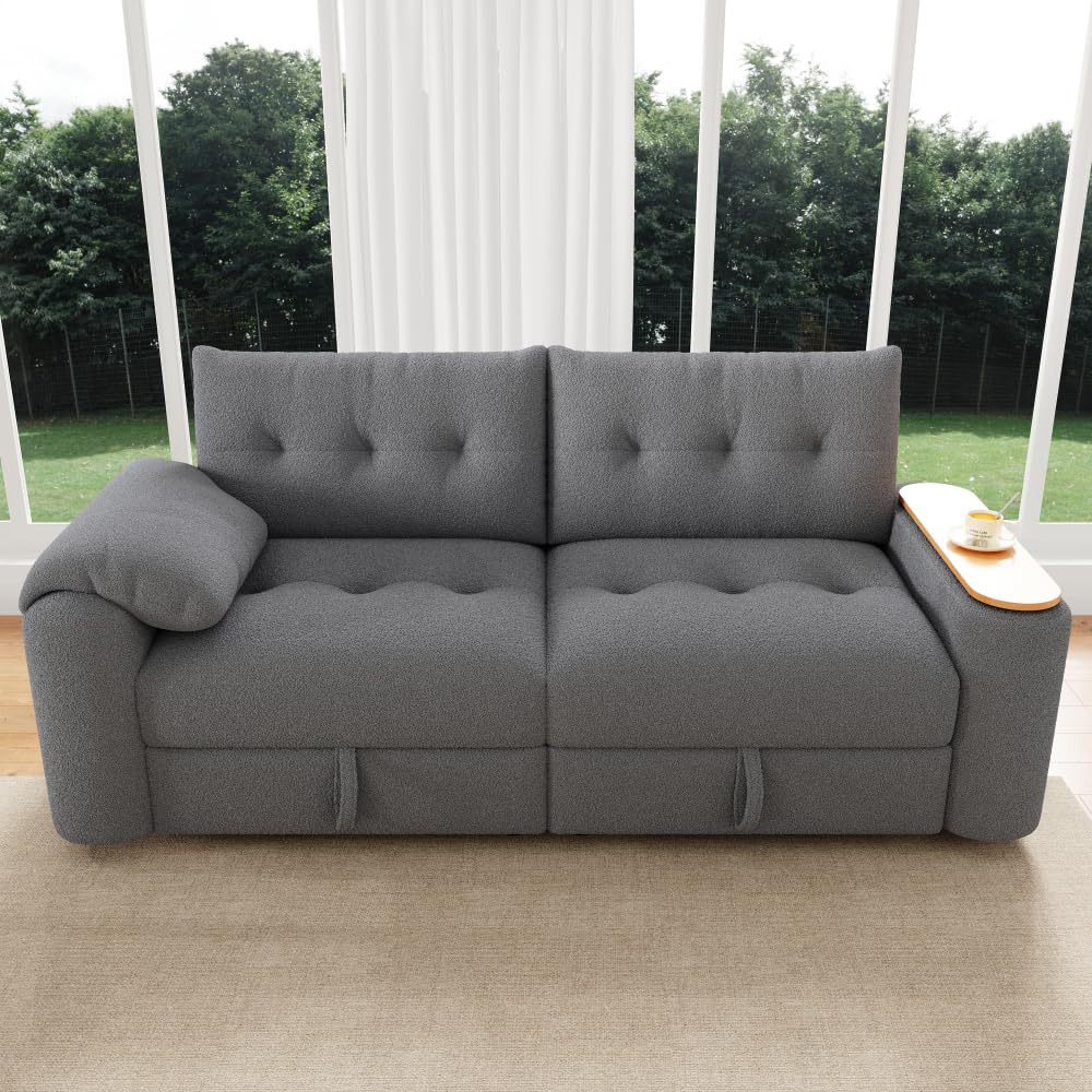 Sofá de matrimonio con compartimento de almacenamiento, sofá de peluche Teddy de 2 plazas con reposacabezas y mesa integrada, sofá cama doble, sofás de 2 plazas, sofá modular acolchado para salón