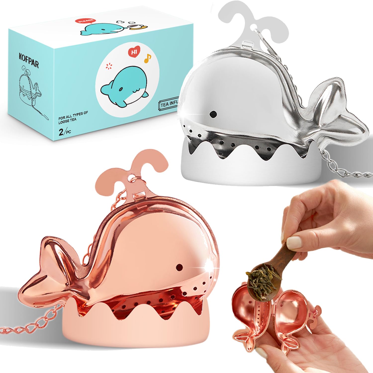 2 Pack Tea Infuser, Whale Loose Leaf Tea Strainer Ball 304 Food-grade Steeper Stainless Mesh Tea Filter with Extended Chain Hook for Brew Loose Tea Valentine's Day Couple Gift (Silver+RoseGold)