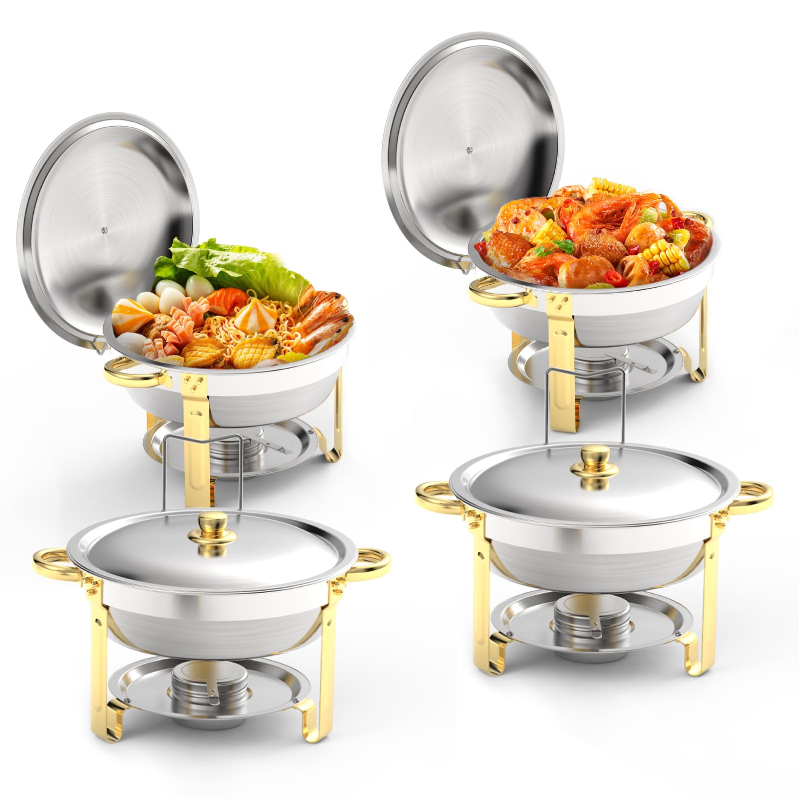 ROOMARK 5QT Chafing Dish Buffet Set,Round Chafer Catering Food Warmers with Trays for Catering Party, Wedding, Birthday, Baby Shower, Outdoor Picnic, 4 Pack