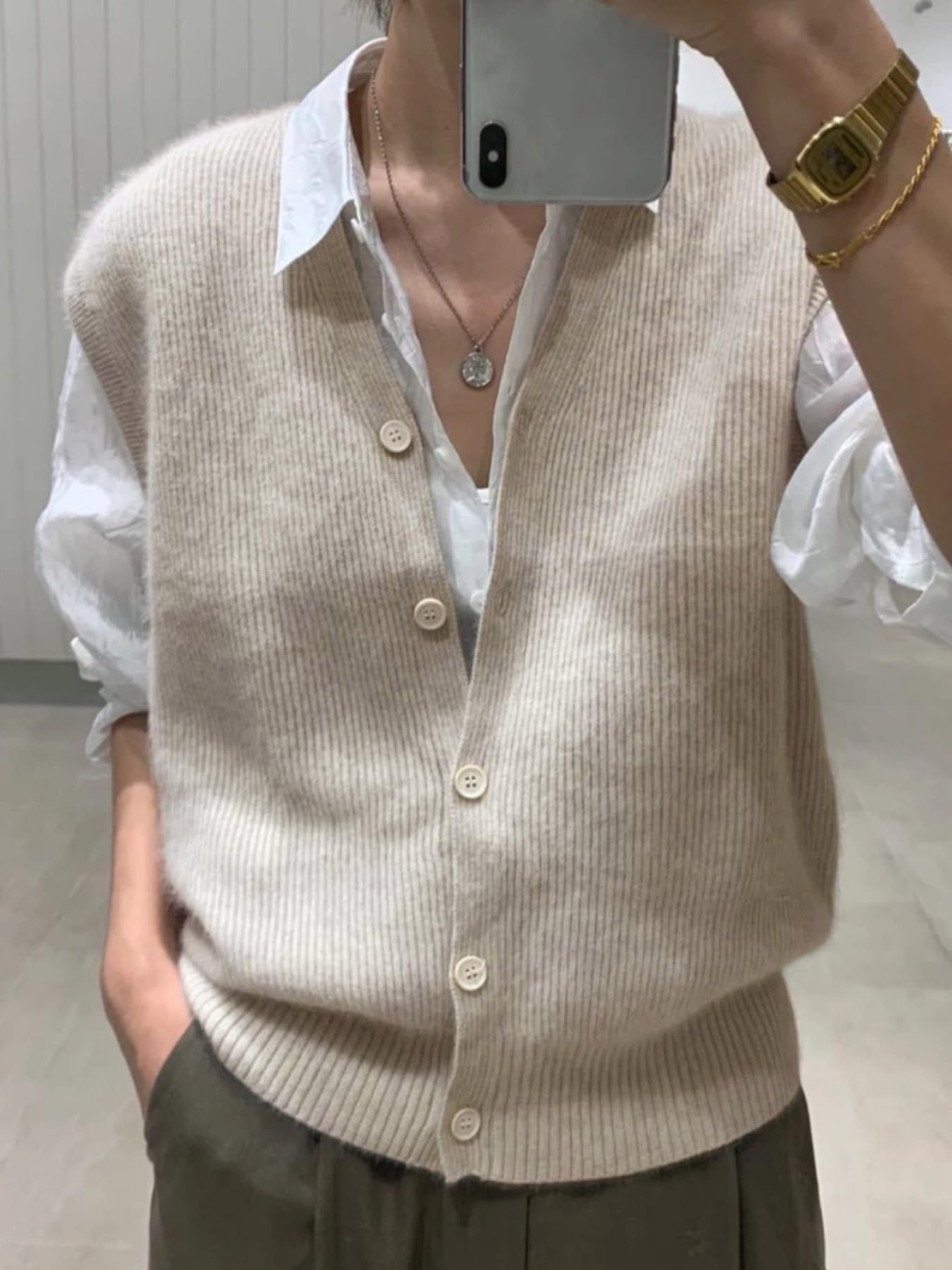 Damen Ärmelloses Strickpullover-Weste mit V-Ausschnitt, Y2K, Button-Down, Strick-Tank-Tops, lässig, Basic, Cardigan, Pullover-Weste