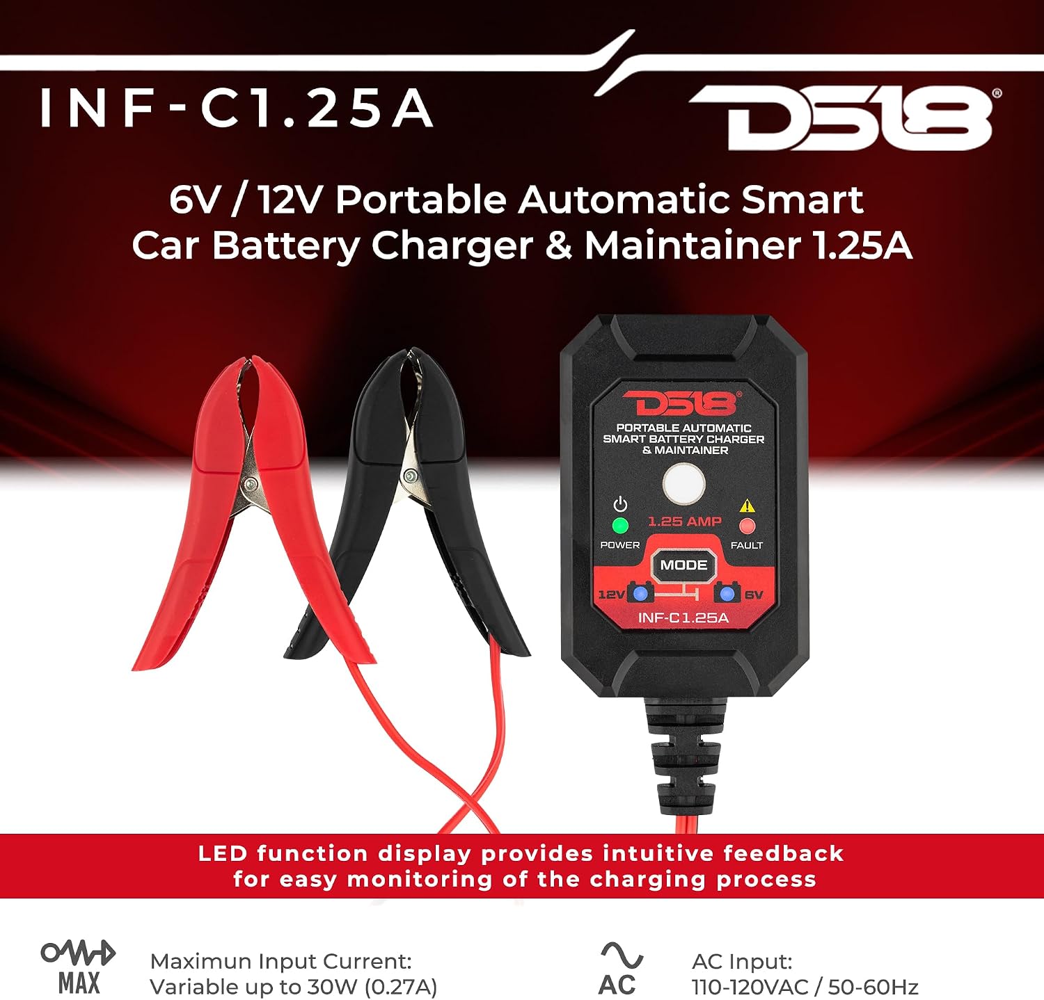 DS18 INF-C1.25A 1.25A Smart Car Battery Charger, 6V and 12V Automotive Charger, Portable Battery Maintainer, Automatic Smart Trickle Charger for AGM Car Batteries