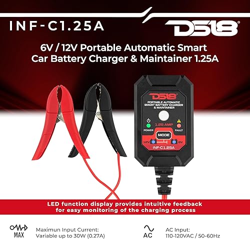 Miniatura 2 de DS18 INF-C1.25A 1.25A Cargador de batería inteligente de coche, cargador automotriz de 6 V y 12 V, mantenedor de batería portátil, cargador