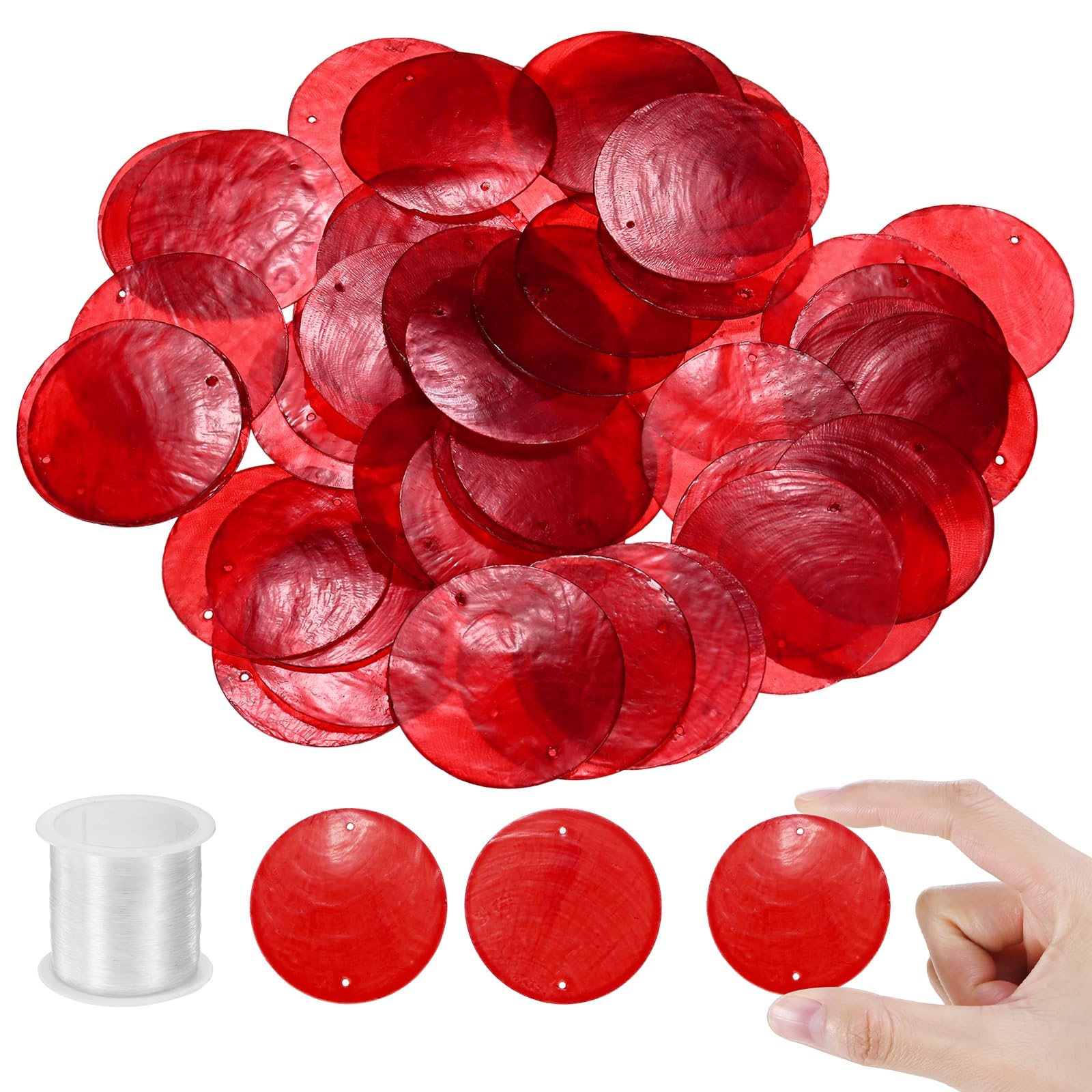 M METERXITY 50-Pack Round Capiz Sea Shells, 2 Inch(50mm) Natural Shell Pieces with String for Wind Chimes/Seashell/Curtain Shell/DIY Craft, Flat Round Coin Bead [Red]