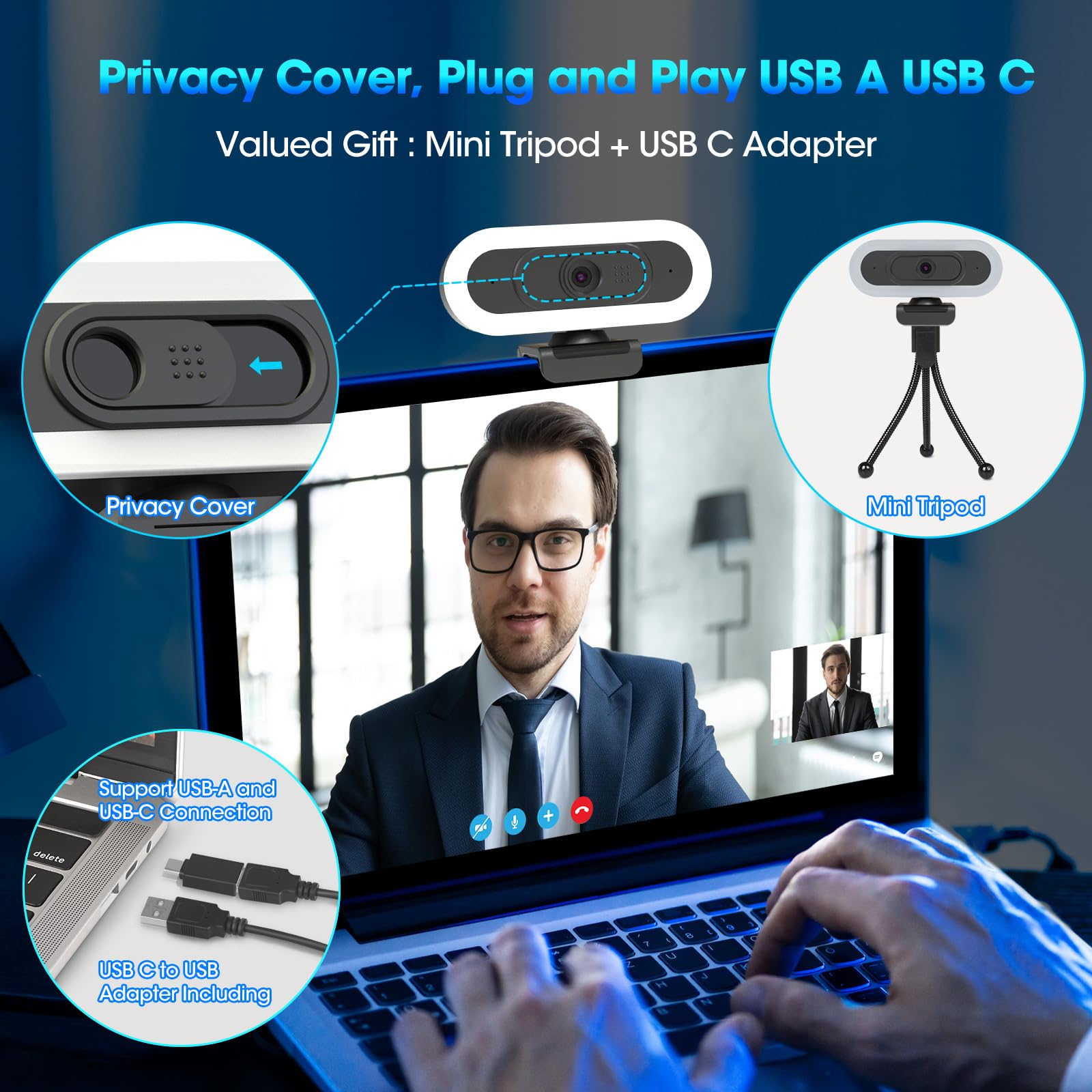 ToLuLu Cámara web RGB LED 2K 50FPS con micrófono y luz, cubierta de enfoque automático y trípode, cámara USB Plug and Play para juegos de PC/Mac y videollamadas