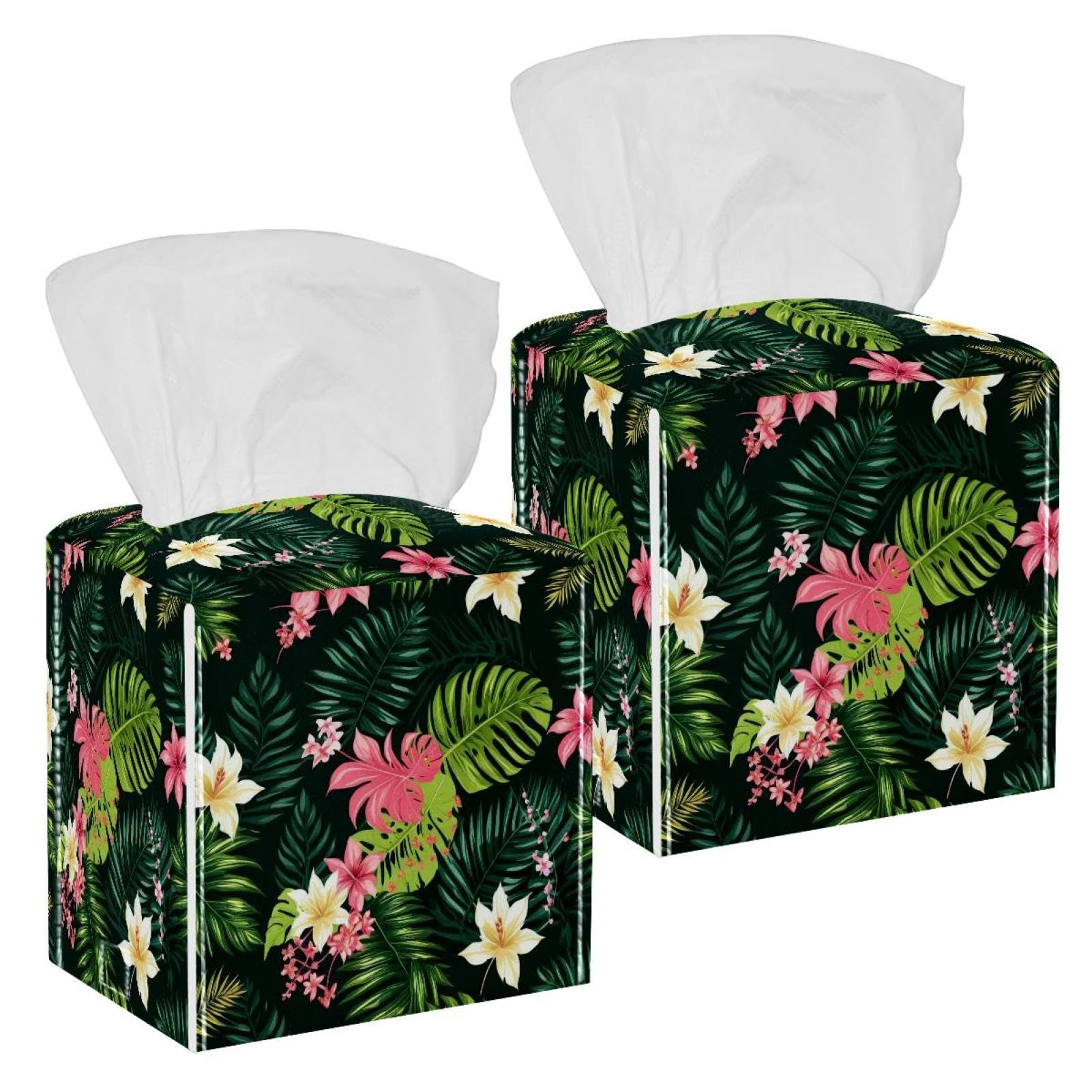 Artistic Leaves Tissue Box Cover, 2 Pack PU Leather Square Facial Tissue Dispenser Box holder for Home Office Car