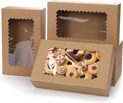 KEYIDO 20 Pack Brown Bakery Boxes with Window 10  x 6  x 2.5  Kraft Cookie Boxes Pastry Biscuit Pie Candy Packaging Boxes for Birthdays Wedding Christmas Party Favors