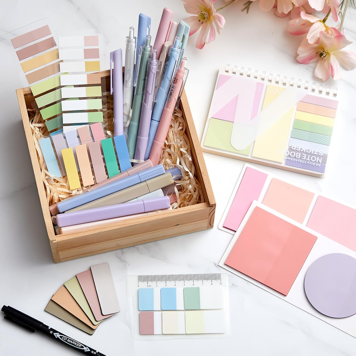 Jutom 41 Pcs Aesthetic Book Annotation Kit with Pencil Bag Bible Journaling Kit Notebook Sticky Note Tab Highlighter Black Ink Pen Page Marker School Office Supplies Bible Lover Gift (Black)