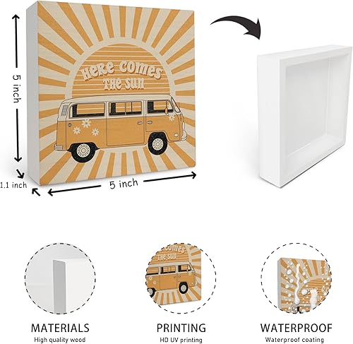 Miniatura 6 de Letrero de madera con texto en inglés "Here Comes the Sun" para decoración de escritorio, moderno retro Groovy de los años 70 para el hogar,