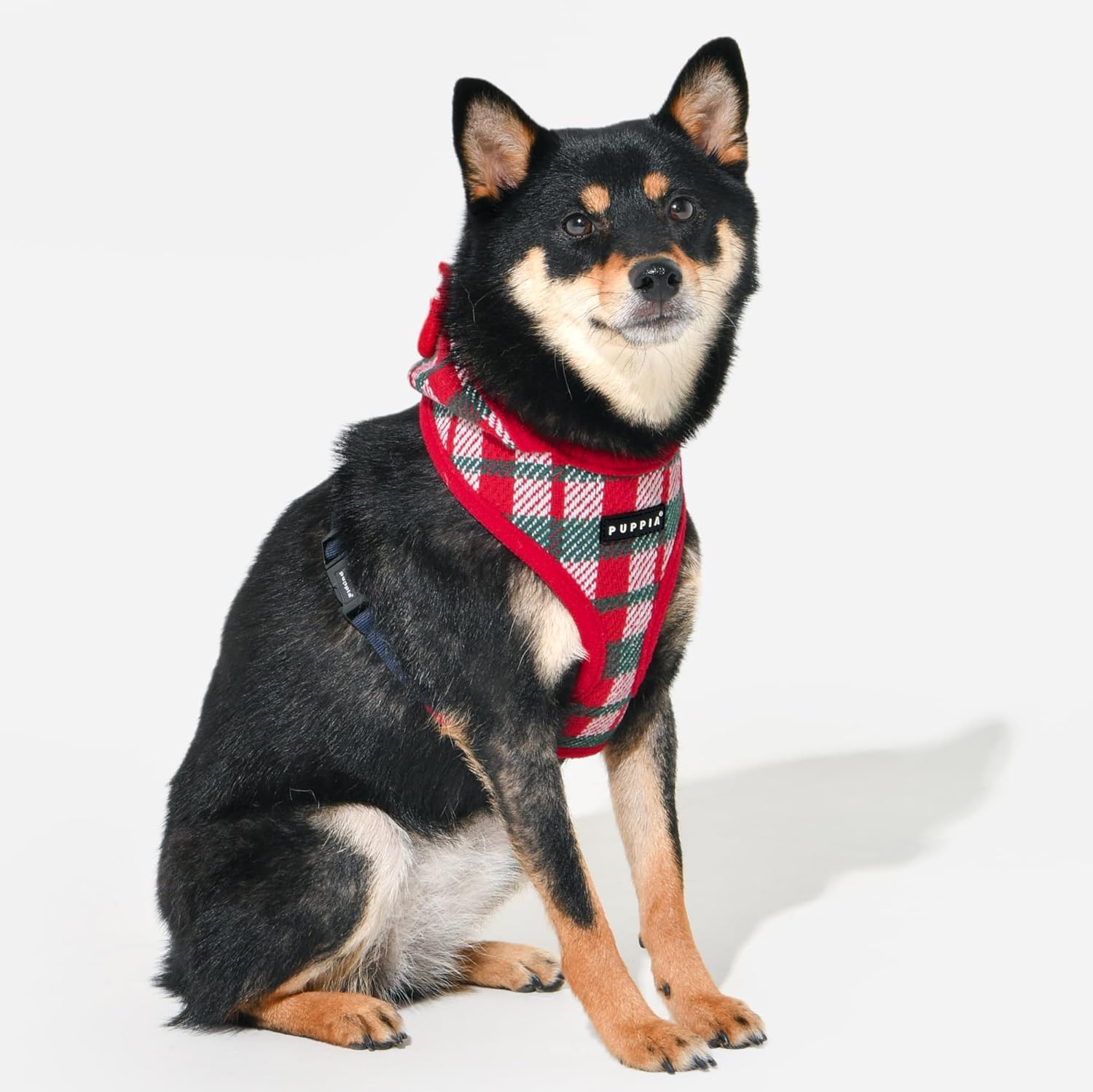 Puppia Festive Hooded Dog Harness Over-The-Head Warm Winter Checkered Pattern Adjustable Chest for Small and Medium Dog, Red, Medium