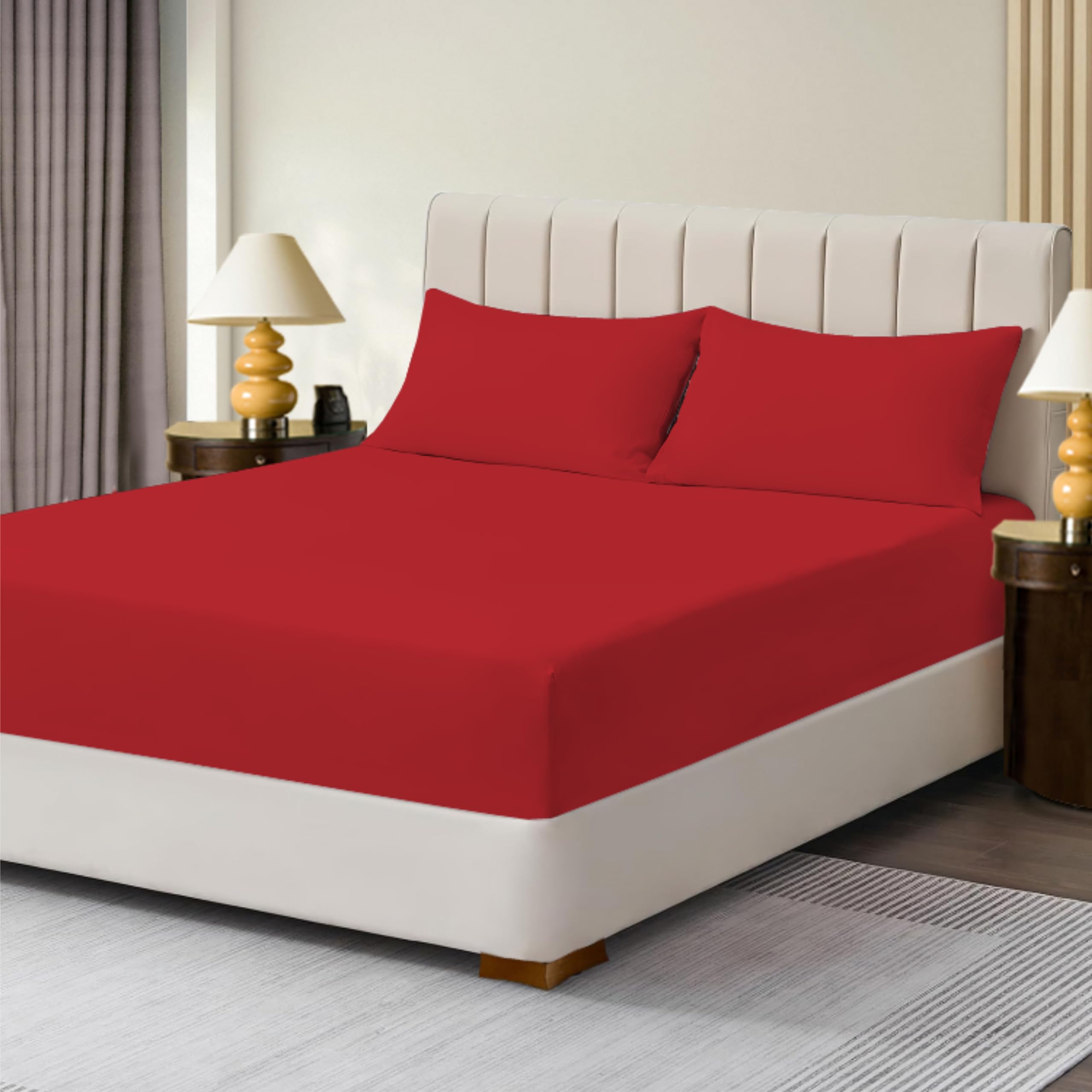 R&Z Red Extra Deep Polycotton Non Iron Fitted Sheet Easy Care 40Cm (, Double)