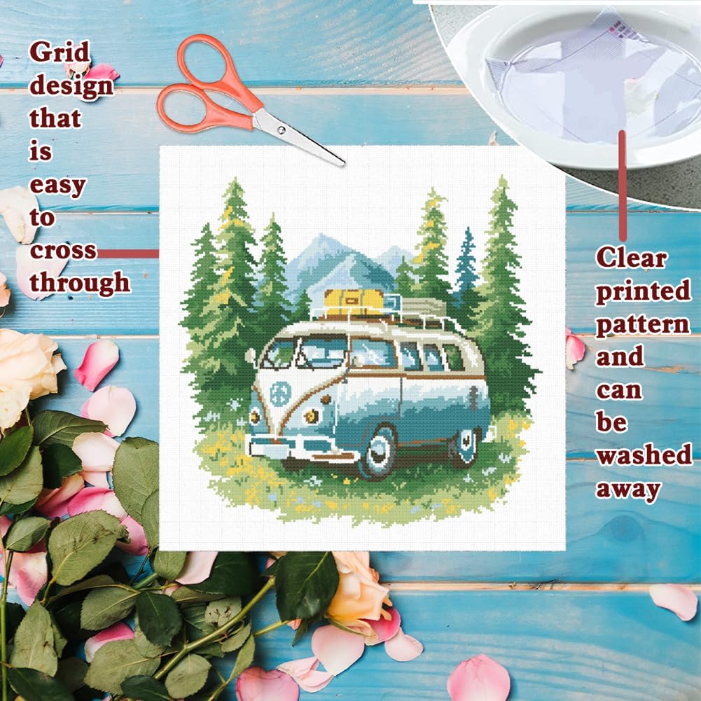 FREEBLOSS 11CT Cross Stitch Kits Camping Stamped Cross Stitch Wall Painting Craft Kit Embroidery Starter Kits for Adult Beginners with Instruction 17.7x17.7inch