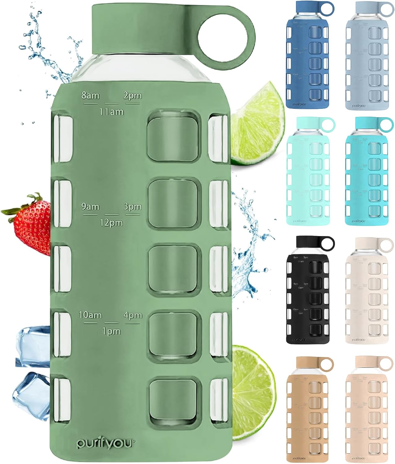 purifyou 40oz / 32oz / 22oz / 12oz Borosilicate Glass Water Bottle with Time & Volume Markers, Silicone Sleeve, Stainless Steel Lid | Reusable Glass Bottle for Water & Juice (22oz Shale Green)