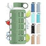purifyou 40oz / 32oz / 22oz / 12oz Borosilicate Glass Water Bottle with Time & Volume Markers, Silicone Sleeve, Stainless Steel Lid | Reusable Glass Bottle for Water & Juice (22oz Shale Green)