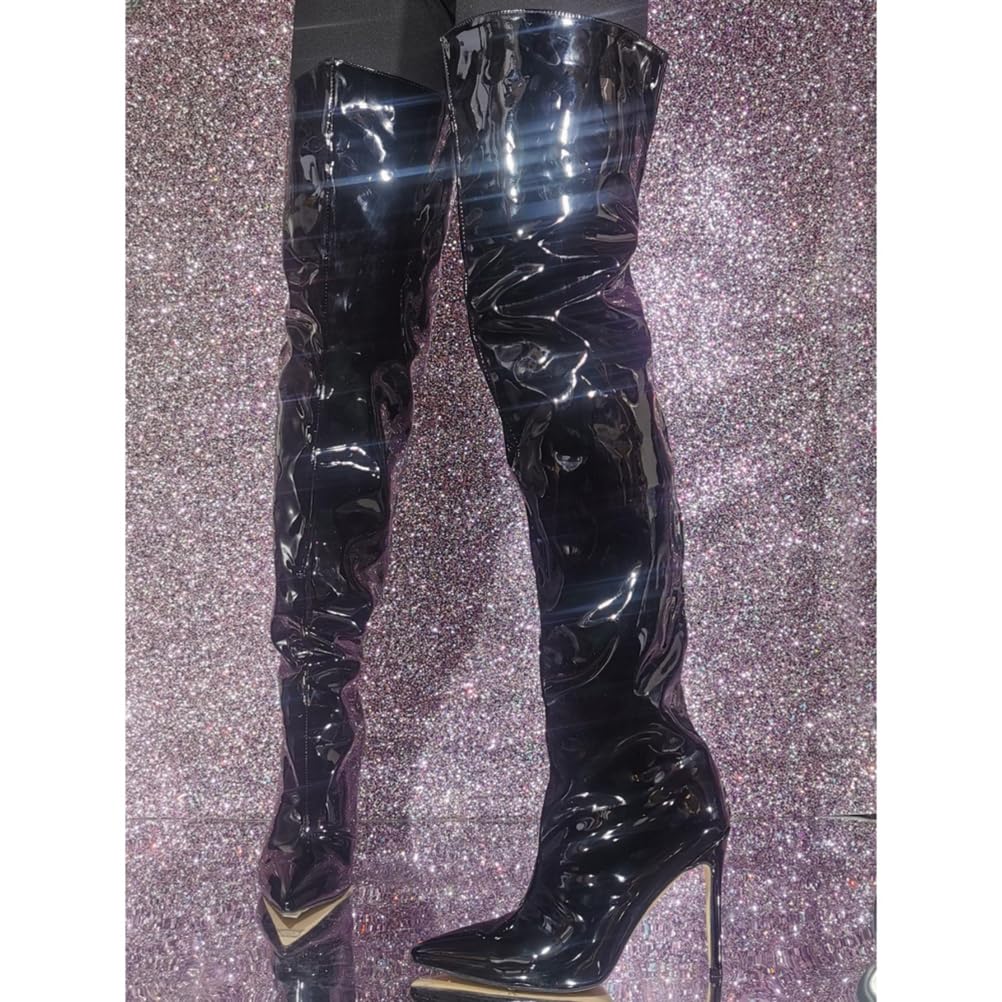 Stivali sopra Il Ginocchio da Donna. Stivali Alti Fino alla Coscia in Vernice con Punta a Spillo. Stivali alla Moda Autunno Inverno. Tacchi Alti da spogliarellista