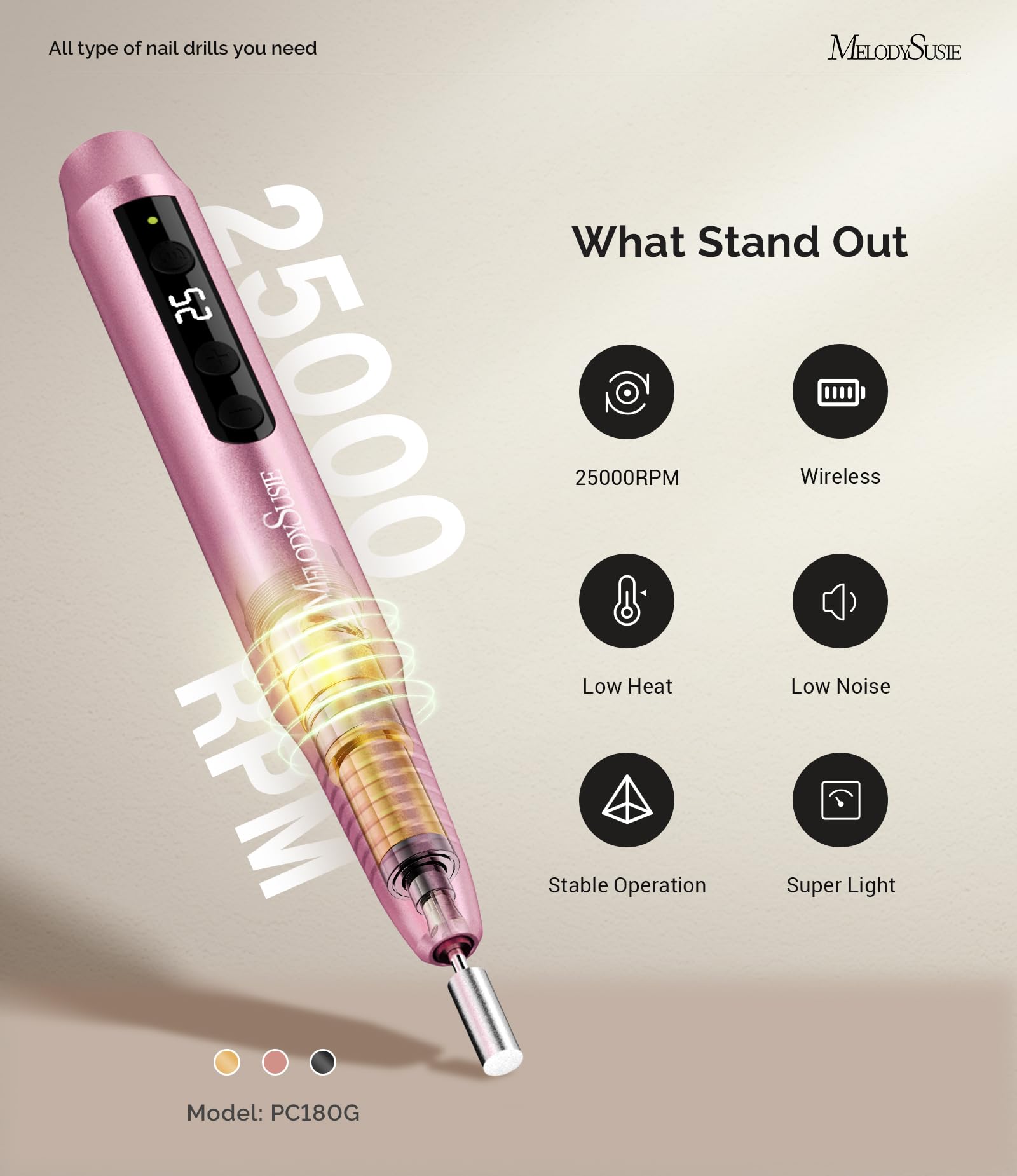 MelodySusie Cordless Nail Drill, PC180G 25,000RPM Rechargeable Electric Nail File with Nail Drill Bits,Sanding Bands