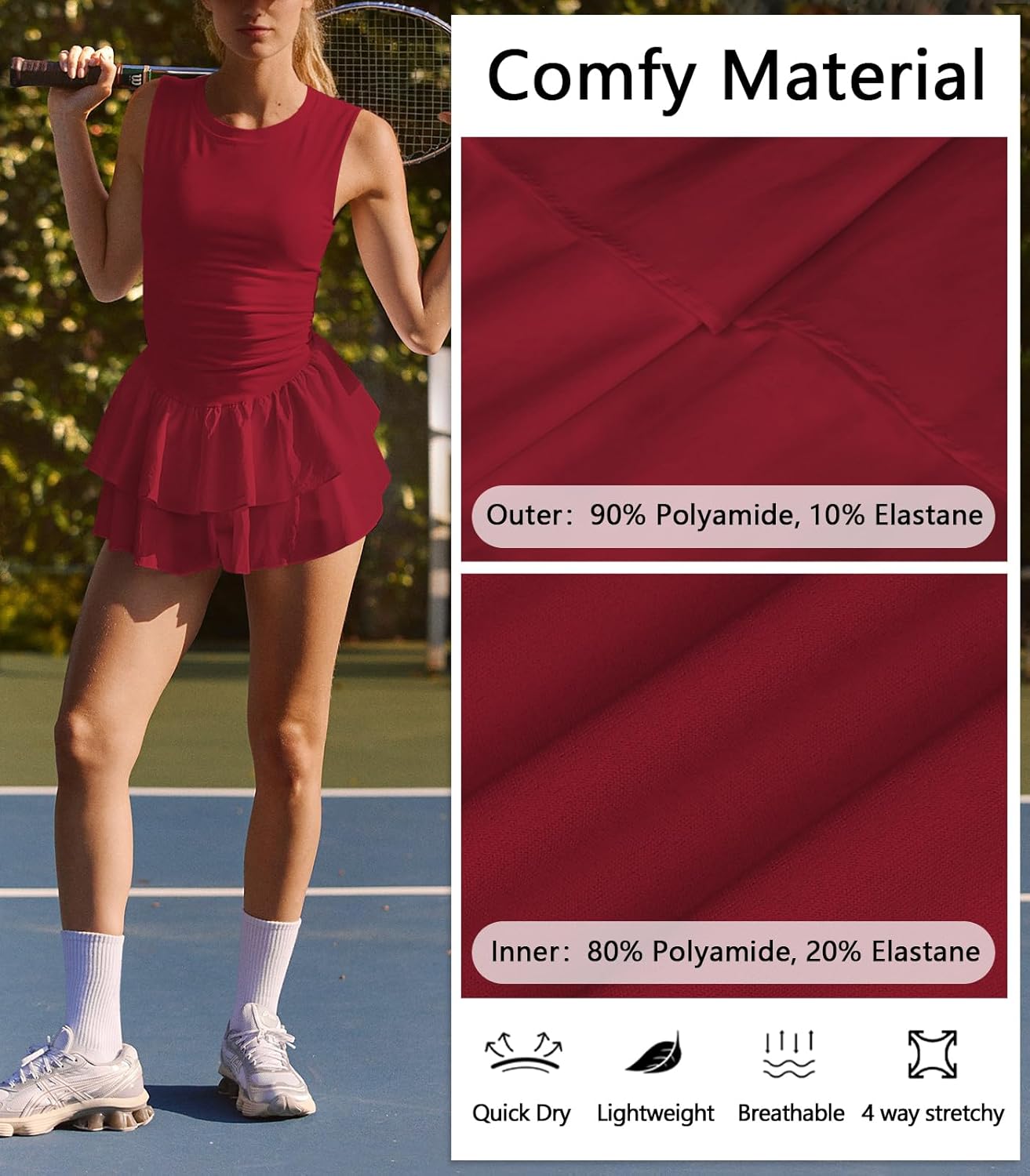 Women's Tennis Pleated Ruffle Athletic Dress for Women Mini Flowy Layered Ruffle Crewneck Sleeveless Dress with Shorts - Image 5