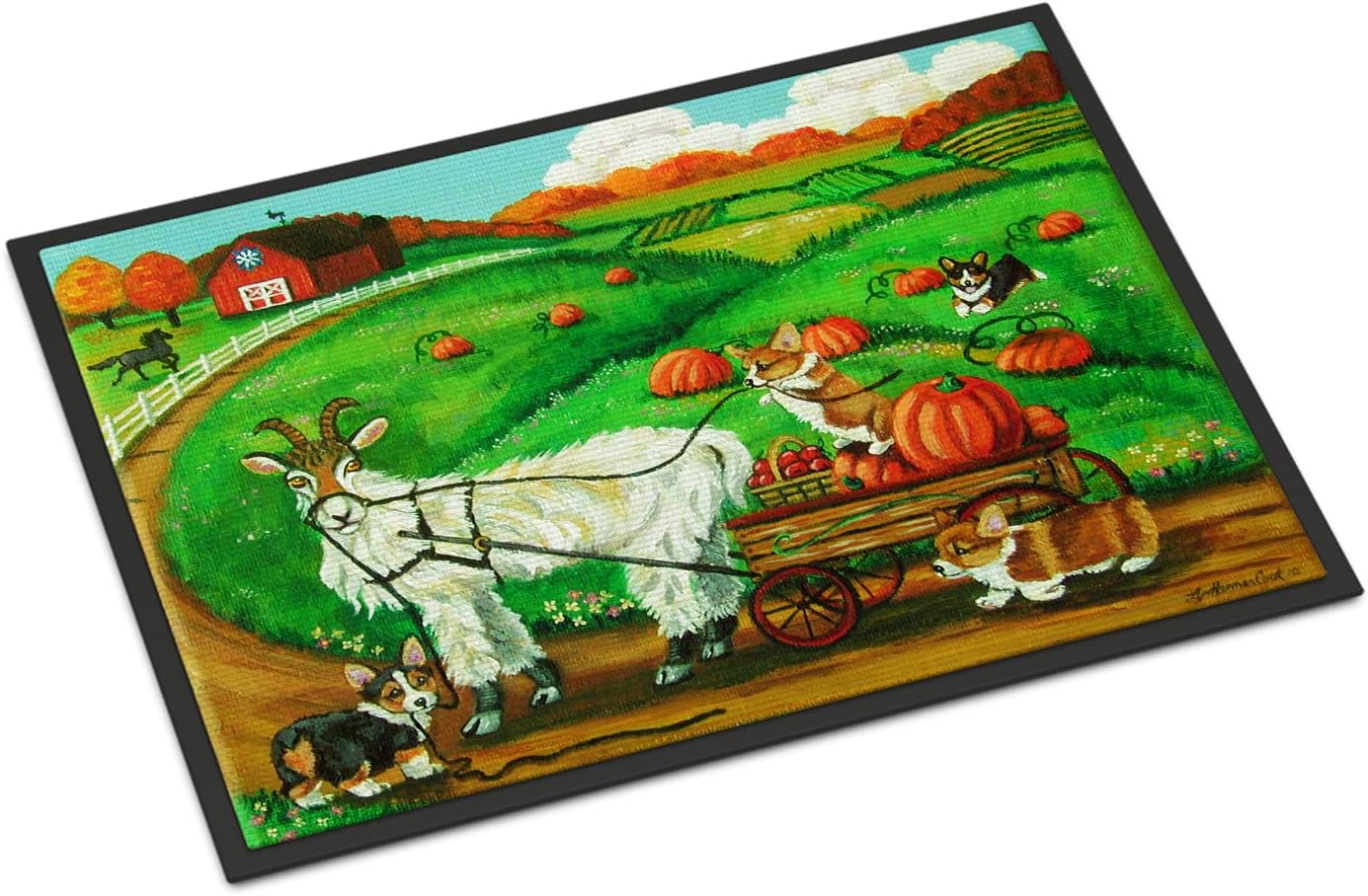Caroline's Treasures 7414JMAT Corgi Pumpkin Ride with Goat Doormat 24x36 Front Door Mat Indoor Outdoor Rugs for Entryway, Non Slip Washable Low Pile, 24H X 36W