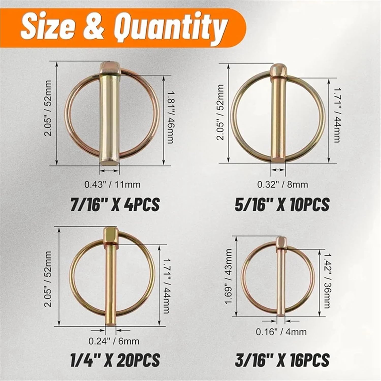 Hitch Pin 50pcs Heavy Duty Lynch Pin Assortment Kit 3 Point Hitch Pins for Tractor, Trailers,Trucks Mowers for Quick Connection