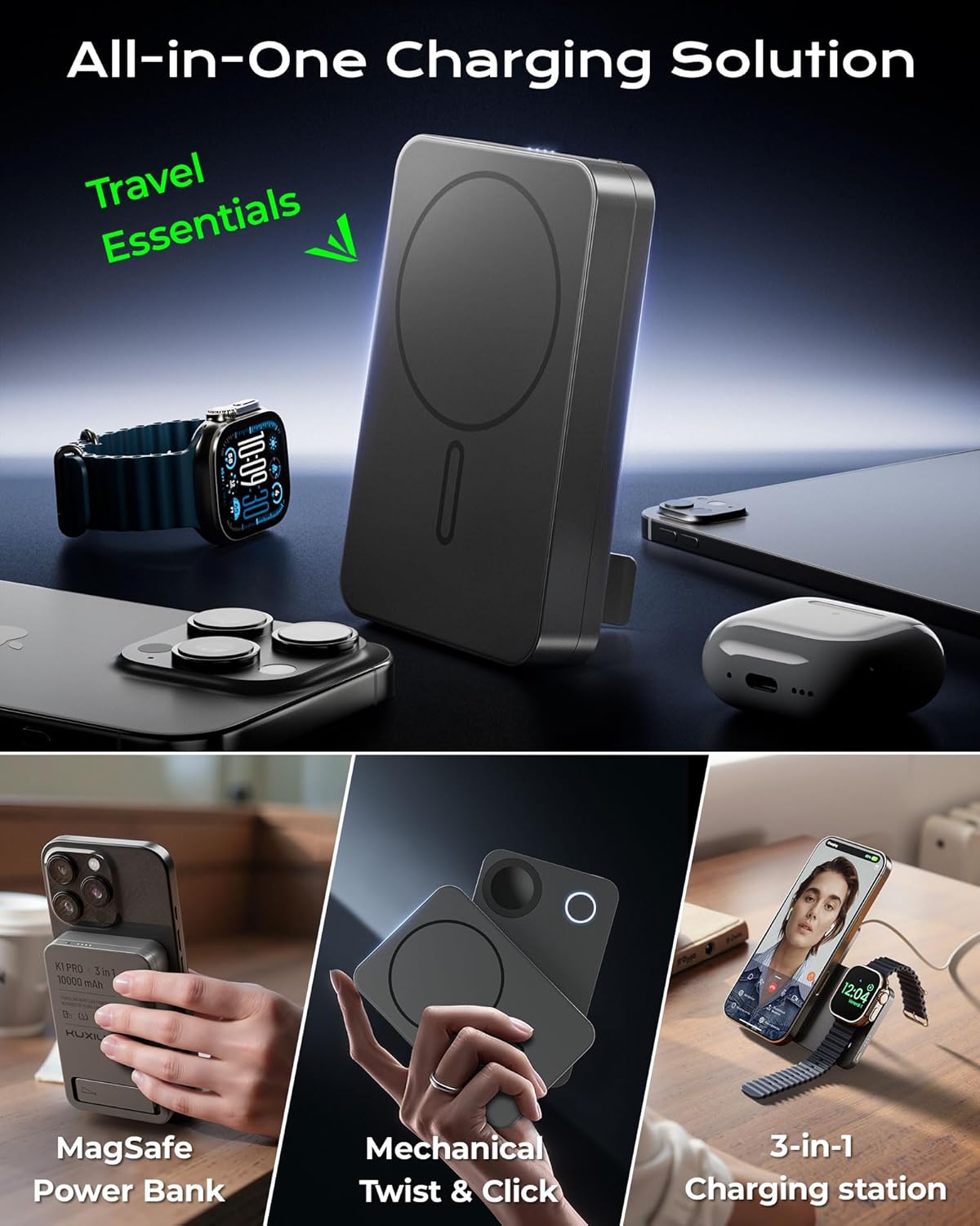 KU XIU Magnetic 3 in 1 Portable Charger Wireless Charging Station, 10000mAh Foldable Power Bank 15W Fast Charging, Travel Charger Battery Pack for iPhone 17/16/15/14/13/12, Apple Watch, AirPods, Gray