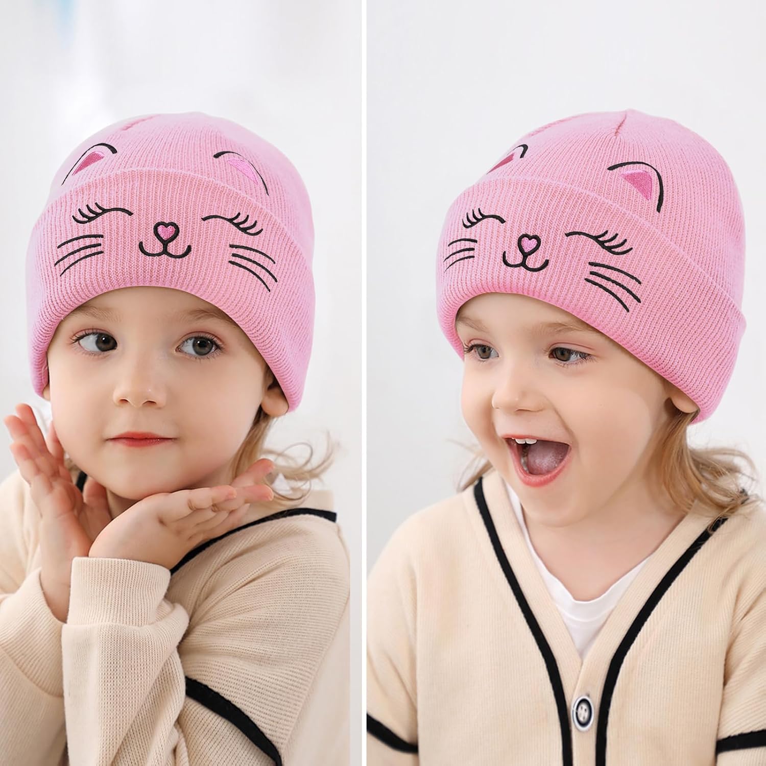 Kids Girls Cat Embroidery Beanies Winter Warm Knitted Hats Skull Cap for Ages 7-12 Years - Image 2