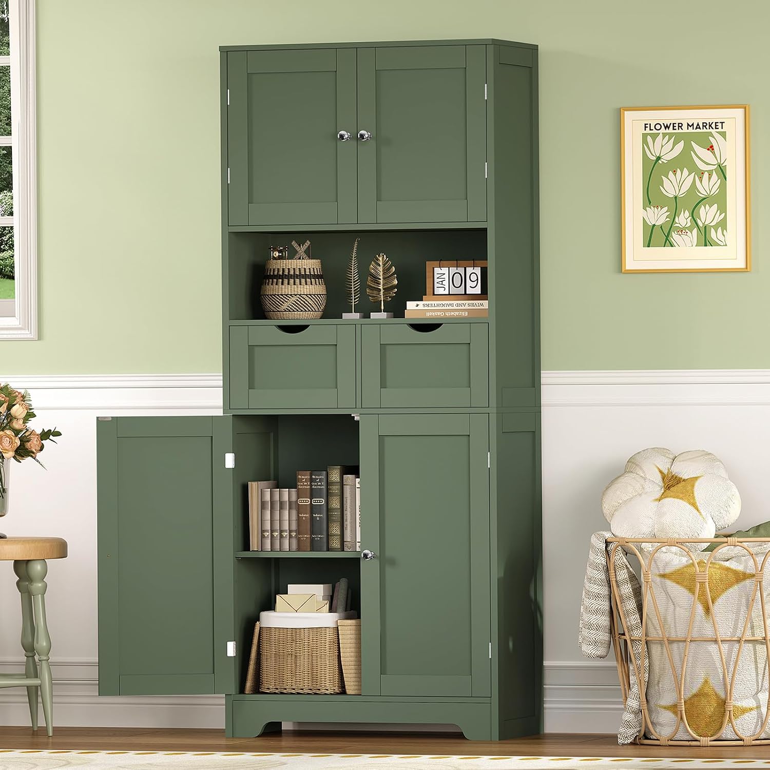  58" H Tall Bathroom Storage Cabinet with 2 Drawers & 2 Adjustable Shelves, Bathroom Cabinet with 4 Doors, Tall Cabinet for Living Room, Dining Room, Entryway, Forest Green thumbnail