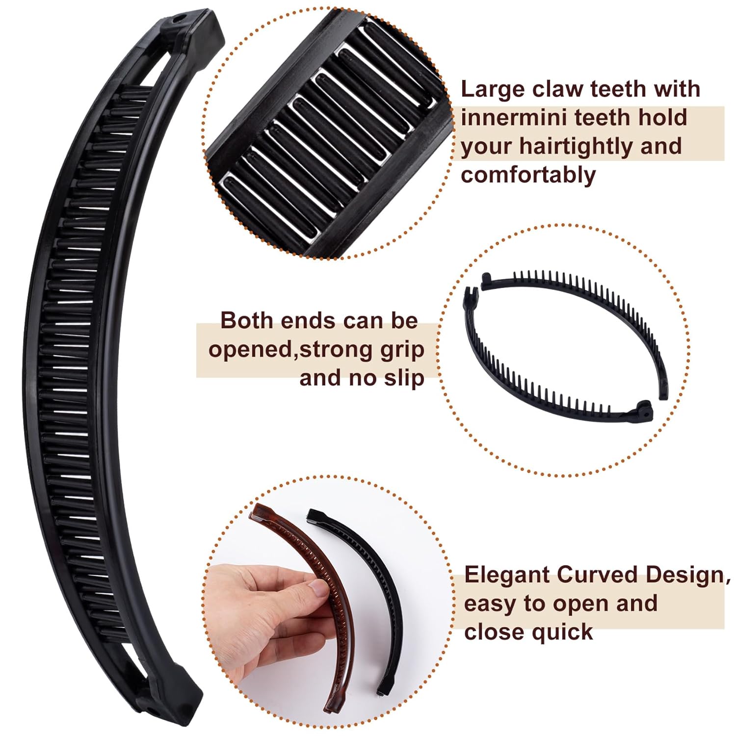 2pcs Banana Hair Clips, Non-Slip Large Hairstyle Claws for Women, Vintage 90 Style Double Combs Hairpin Accessories for Thick Thin Fine Curly Straight Long Hair- Black & Coffee - Image 3