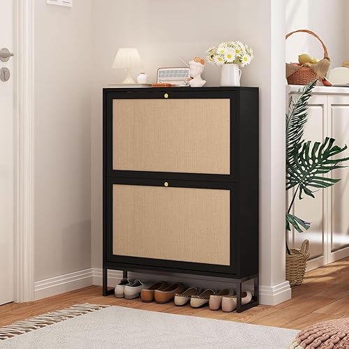 Vista 28 de Armario estrecho de almacenamiento de zapatos con 3 cajones abatibles, armario de madera para zapatos con cajón de puertas de lino, organizador