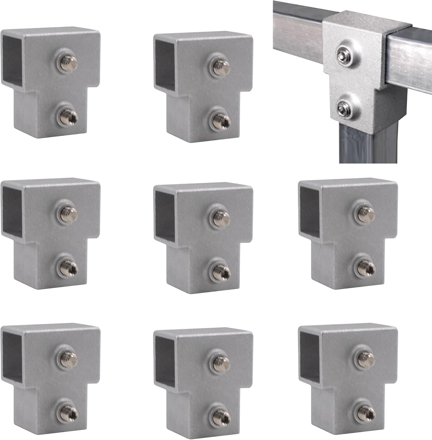 8 Pack 1'' Square Tube Fittings Connector, Aluminum Alloy 90 Degree Elbow Corner Connector for Fence Guardrail End Rails Clamps (3 Way T-Shaped)
