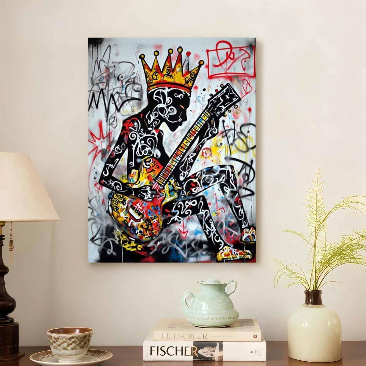 LYBCEOUG Decorazione murale a tema musicale, stampa su tela di un chitarrista, opera d'arte raffigurante un musicista di fama, decorazione astratta per la casa in stile rock (50x70 cm/con cornice)