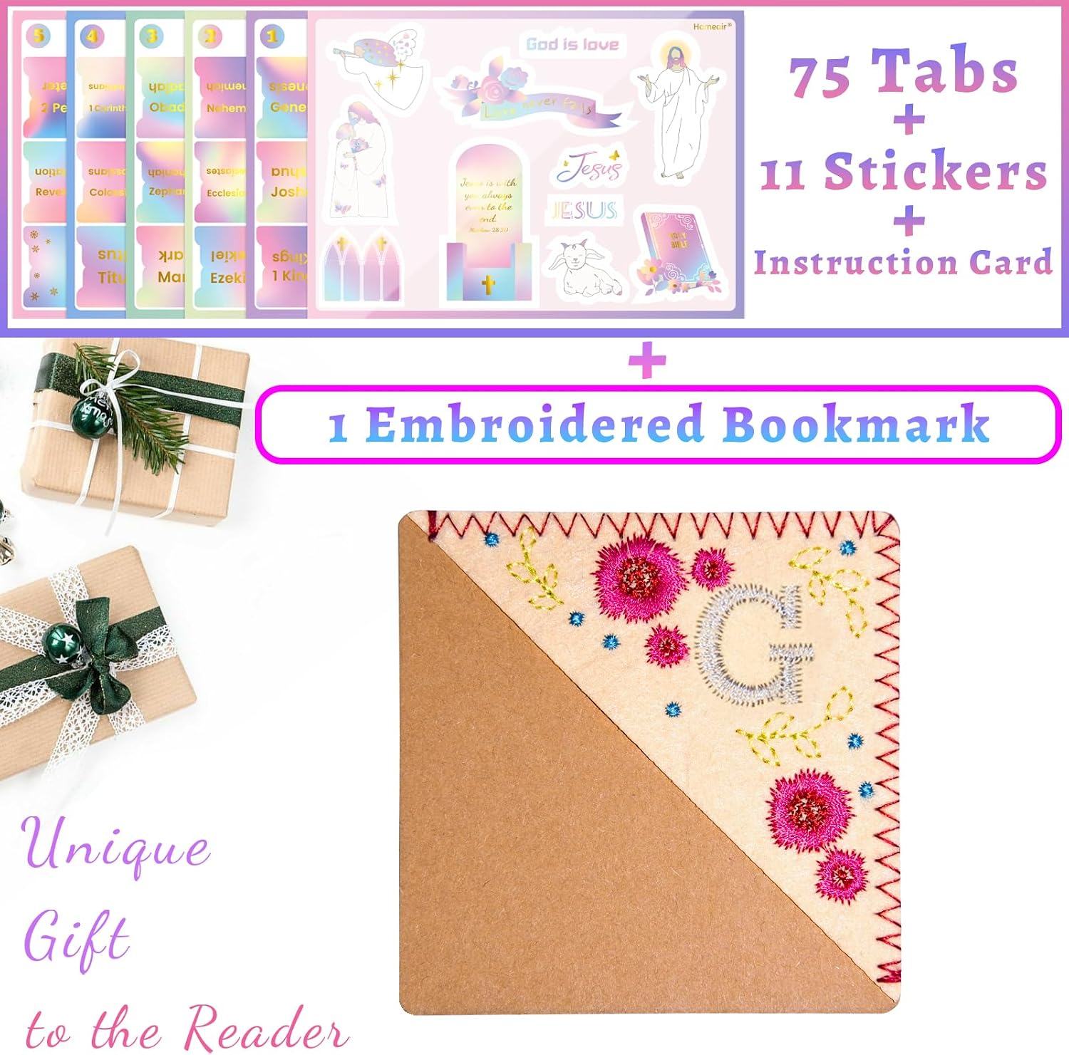 Bible Tabs with Bookmark, Gold Foil Laminated Bible Tabs, Bible Tabs for Women & Men, Christian Gifts, Large Print Bible Tabs with Unique Sticker, Bible Book Index Tabs Labels, Bible Study Supplies, G image 2
