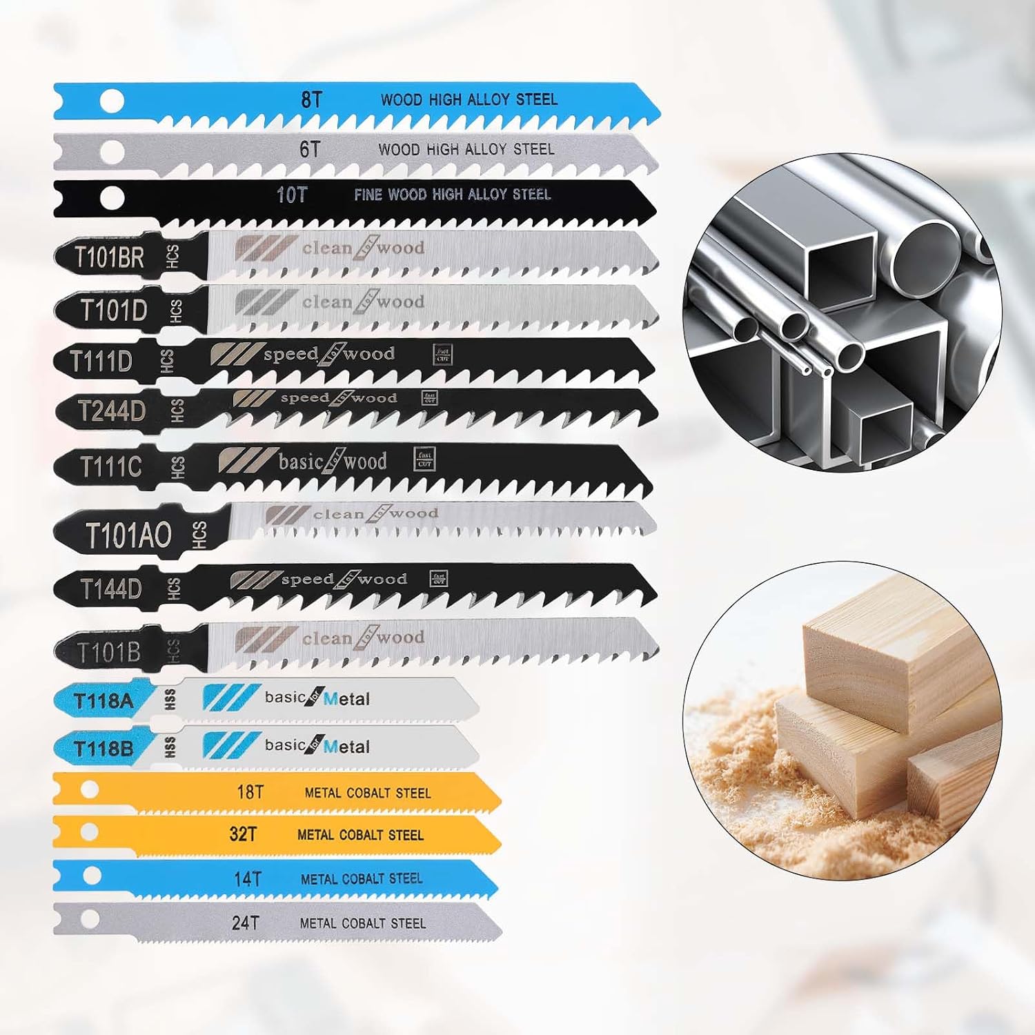 17PCS Jigsaw Blades Wood Jig Saw Blade Set for Wood Universal U T-Shank Jig Saw Blade Plastic Metal Cutting, 6T 8T 10T 14T 18T 24T 32T T111D T101AO T101BR T101D T101B T118A T118B T144D T244D T111C