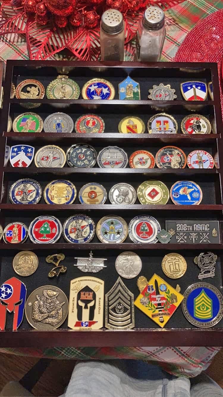 Military Challenge Coin Display Case Lockable Wood Cabinet Rack Holder Black Shadow Box with Removable 2 Grooves Shelves and Anti Fade Real Glass Door Mahogany Finish