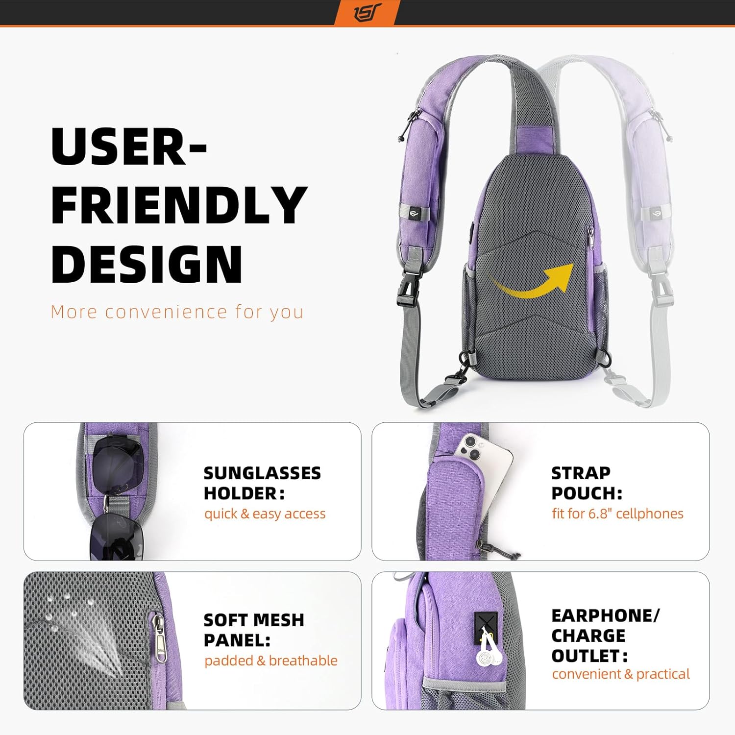 SKYSPER Sling Bag RFID Crossbody Sling Backpack Cross Body Shoulder Bag Travel Hiking Daypack for Women Men(Purple) - Image 4