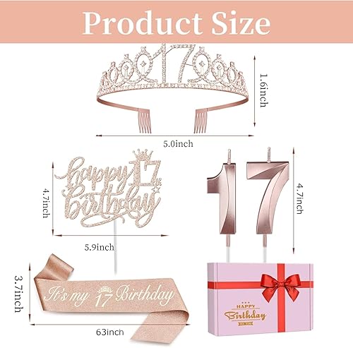 Miniatura 6 de Decoraciones de cumpleaños de 17 años para niñas, que incluyen banda de cumpleaños para niña, corona, velas numéricas y adorno para pastel regalos,