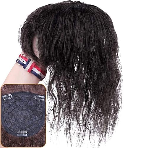 Miniatura 8 de 3 x 4.7 pulgadas con clip superior para mujer, pieza de cabello humano ligeramente rizado con flequillo lateral, color negro, 14 pulgadas