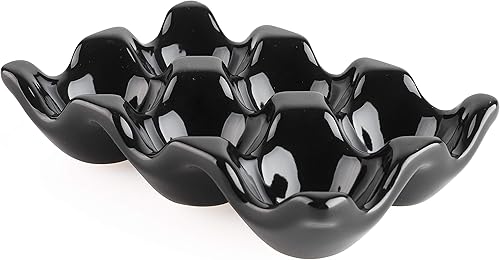 Soporte de cerámica para huevos de 6 tazas, bandeja de huevos frescos de porcelana para refrigerador, encimera, almacenamiento de cocina (negro)