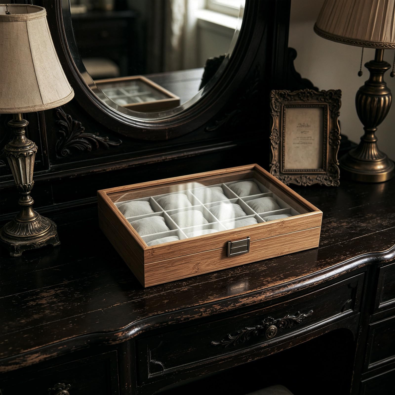 Genérico Caja de reloj organizadora de madera con 12 compartimentos para reloj y pendientes, perfecta para decoración y almacenamiento en casa y tienda