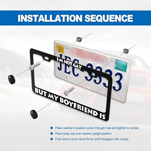Miniatura 5 de Marco de matrícula con textos humorísticos  I'm Not Gay But My Boyfriend is, divertido marco de aluminio de metal negro para automóvil con 2